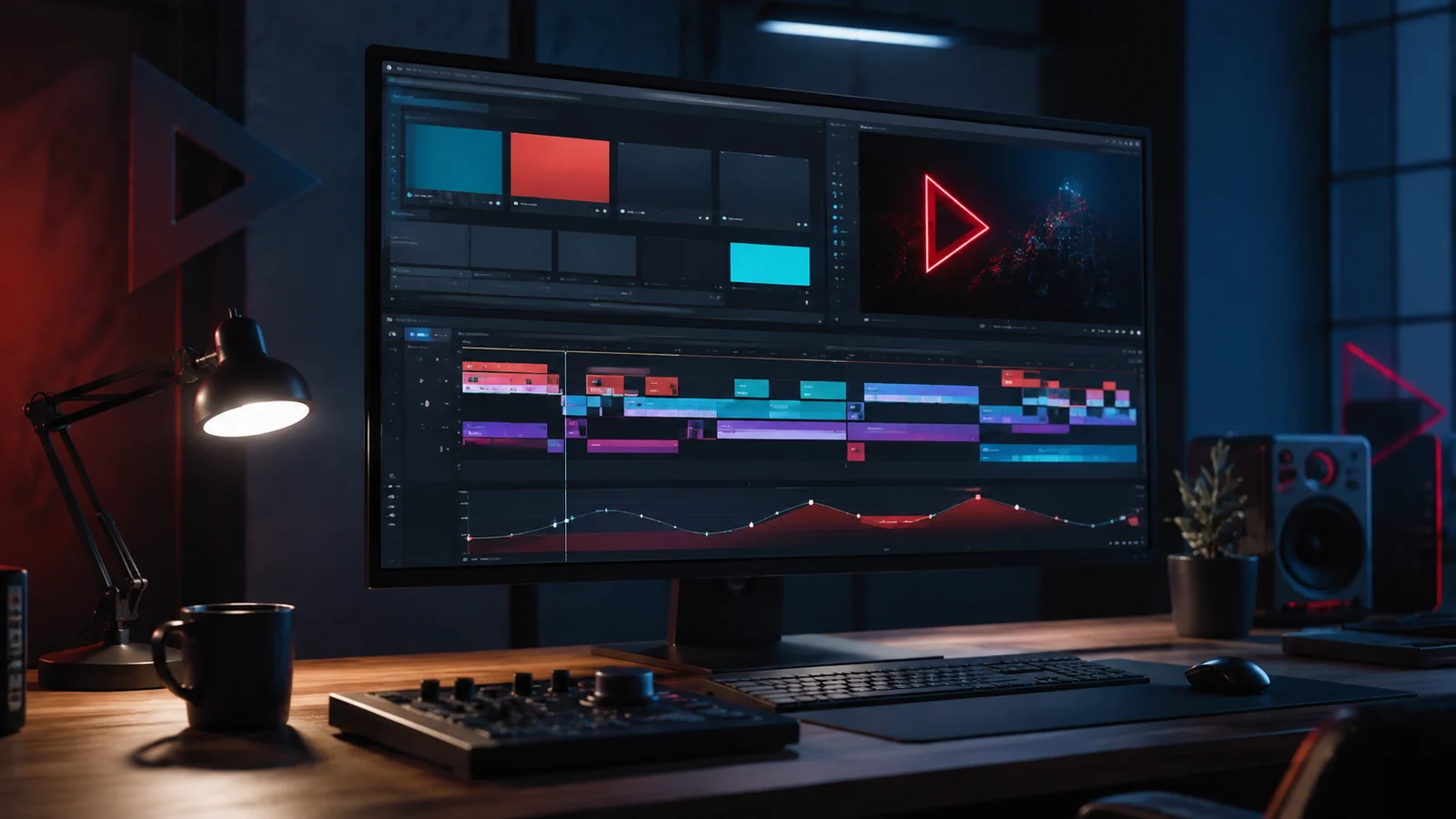 Timeline de montage vidéo pour YouTube avec pistes image, texte et son